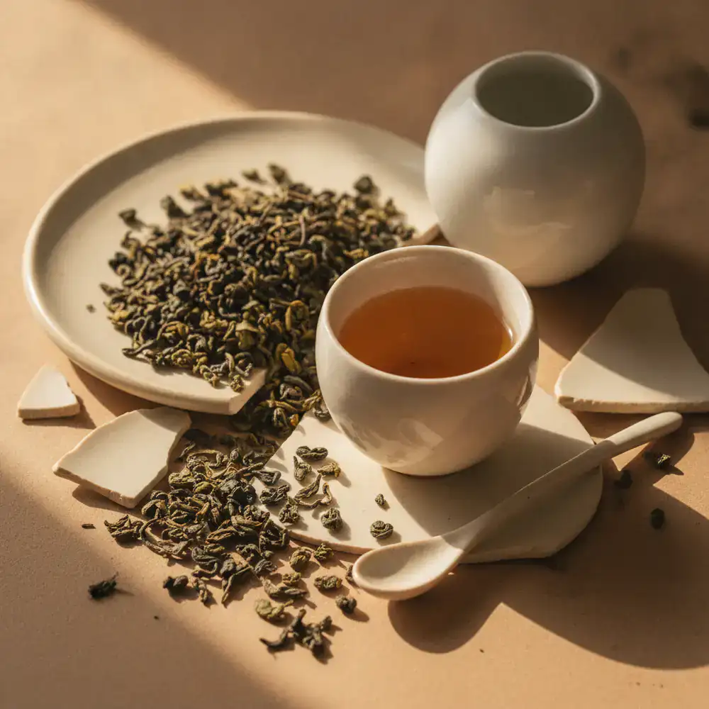 Abstract view of premium tea leaves and elegant ceramics