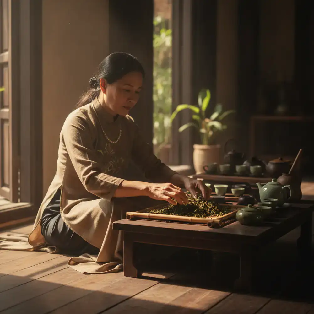 Traditional Vietnamese tea master preparing leaves