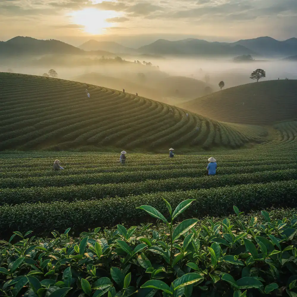 Misty tea plantation in the northern highlands of Vietnam