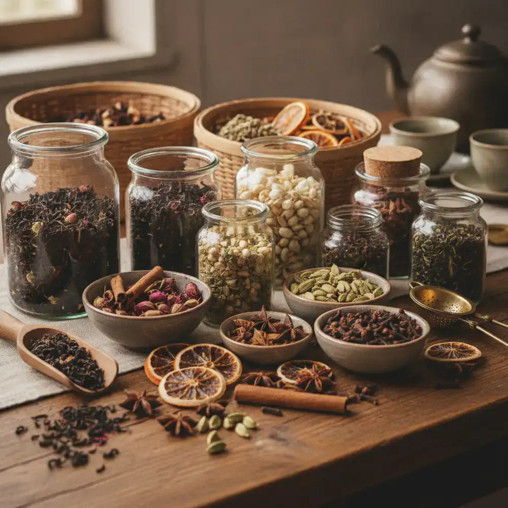 A warm, elegant display of premium loose leaf teas and spices arranged on a wooden table