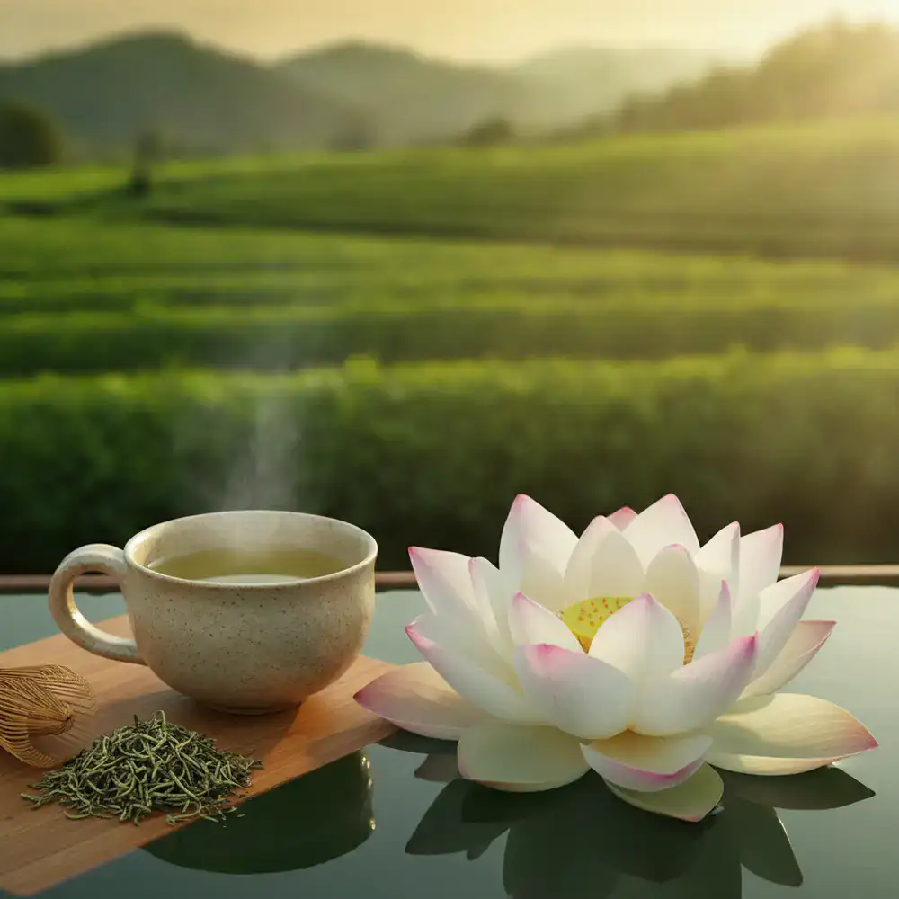 Lotus flower blooming next to fine green tea