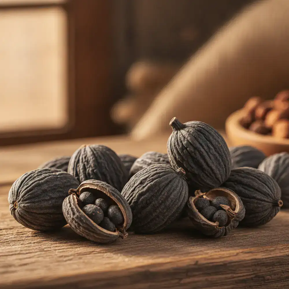 Black Cardamom pods showing textured shell