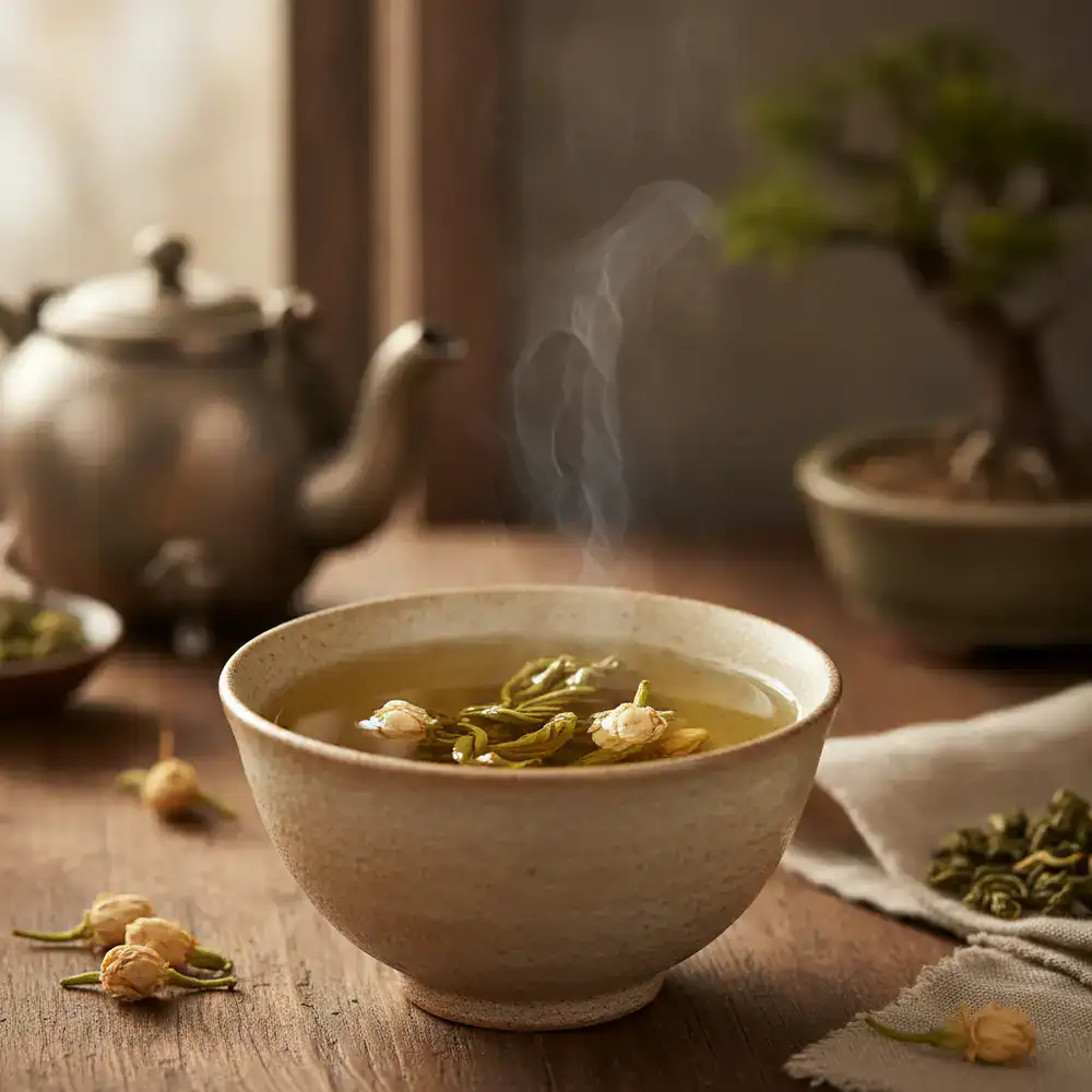 Jasmine Pearl Green Tea displayed in a ceramic tasting bowl