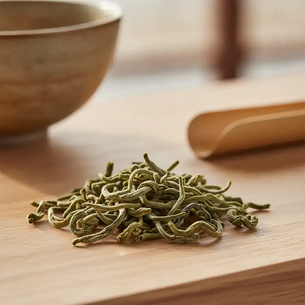 High Mountain Oolong Tea dry leaves with a light greenish hue